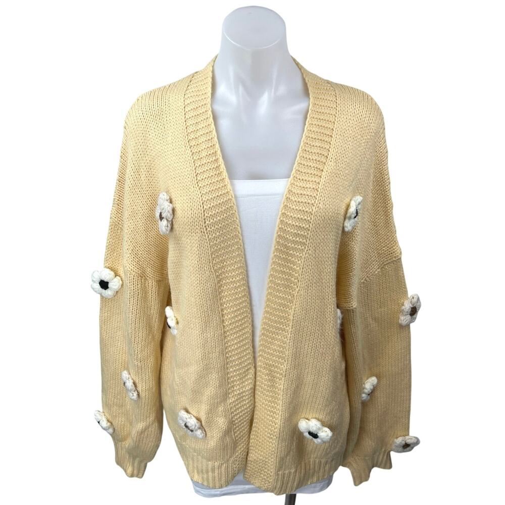 Fashion Yellow Beige Floral 3D Knit Oversized Open Cardigan Sweater Top Size M